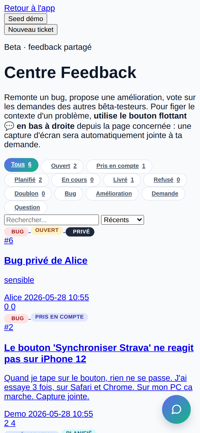 Centre Feedback bêta avec tickets exemples